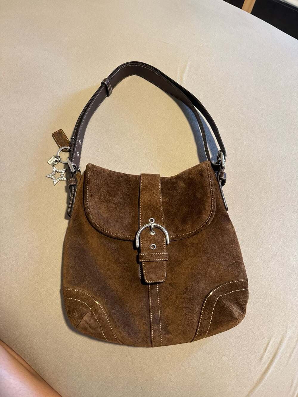 Coach Soho Brown Suede Flap Hobo Shoulder Bag with Star Charm